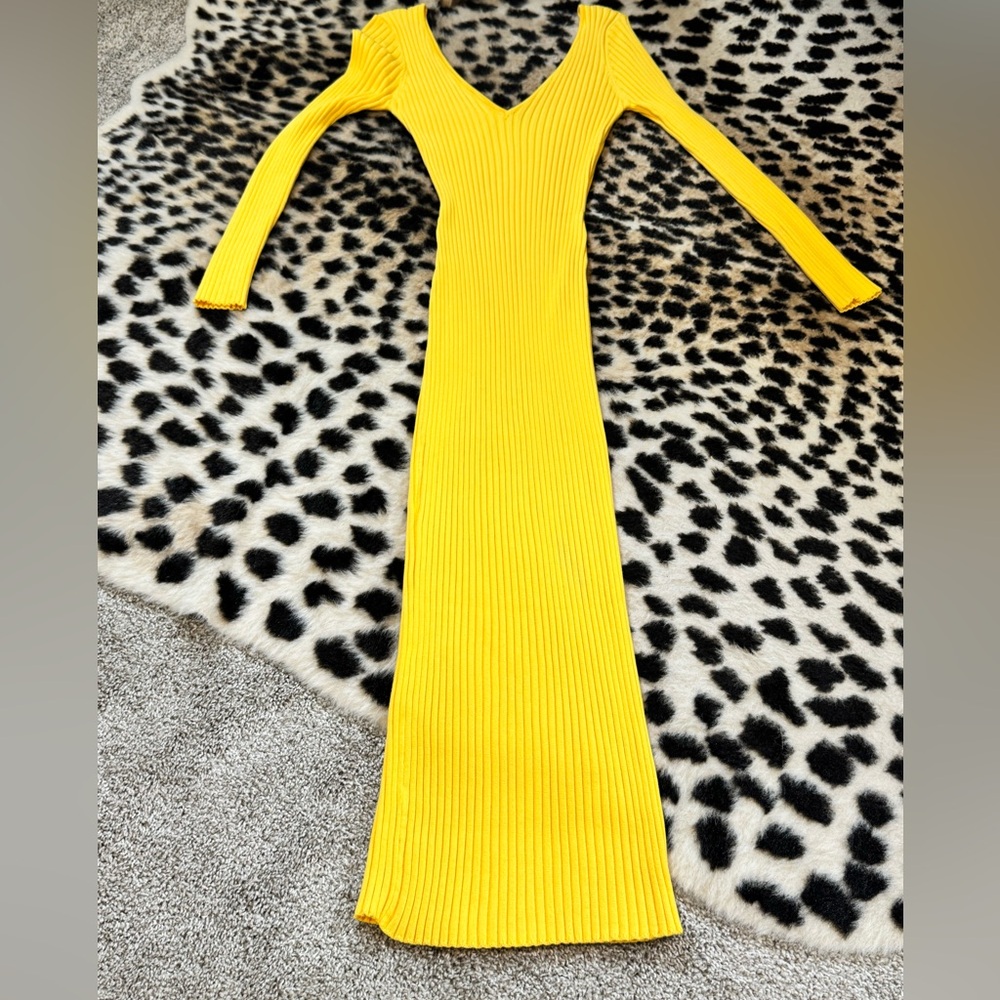FashionNova Yellow V-Neck Ribbed Knit Dress
